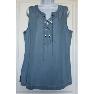 TOMMY BAHAMA Chambray‎ Light Blue Lace-Up Front Sleeveless Tunic Blouse Sz L NWT